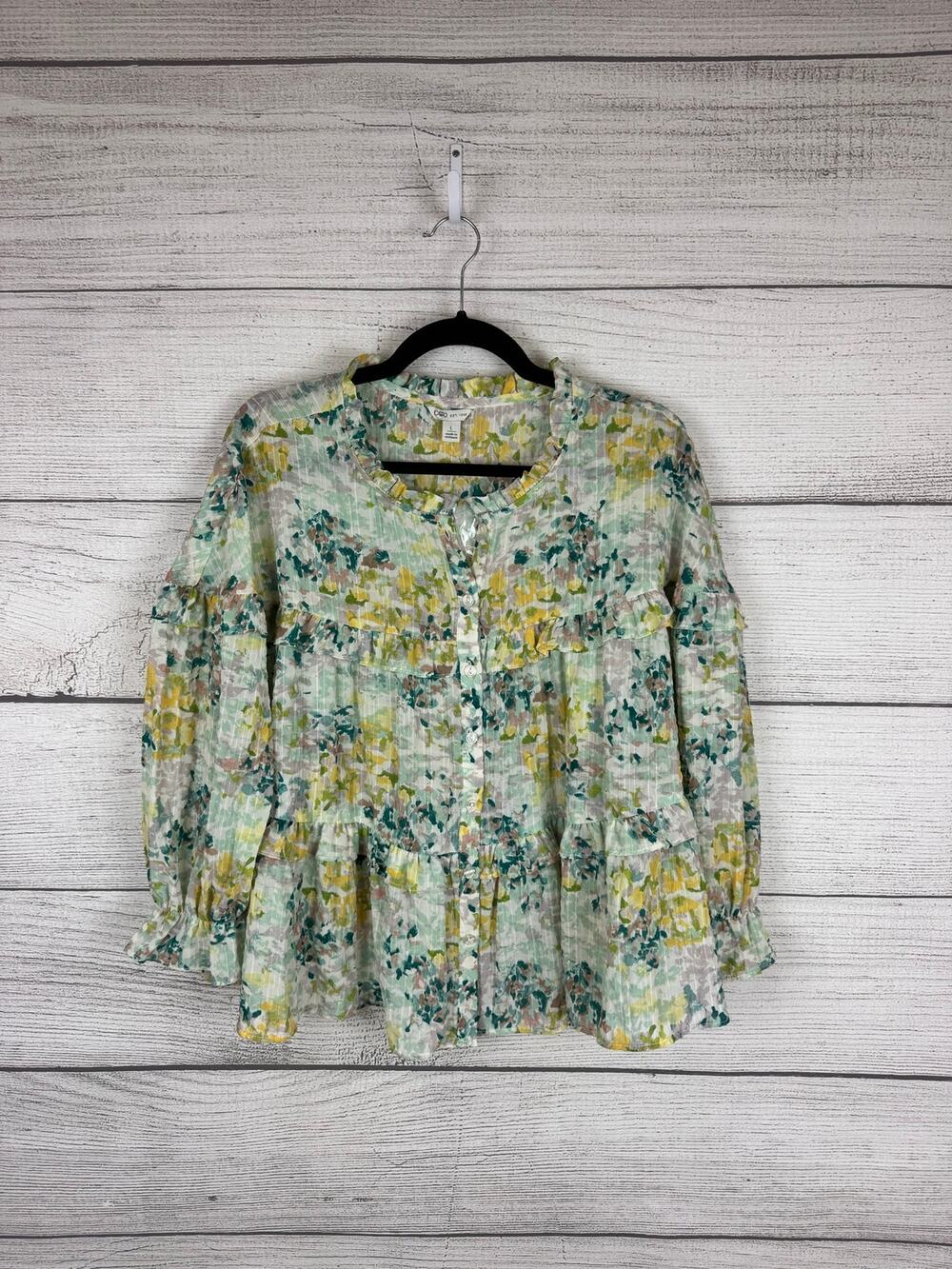Cato Women's Teal Blue & Yellow Button Front Tiered Blouse Size Large